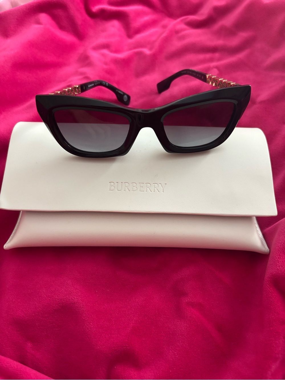 Burberry Black & Gold Cat-Eye Sunglasses with Logo Spellout--NEW